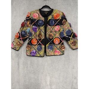 Allure‎ Multi-Color Blazer Womens PM Vintage 90s Floral Appliquè 100% Silk